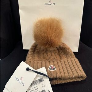 Moncler Women's Tan Knit Beanie with Pom Pom